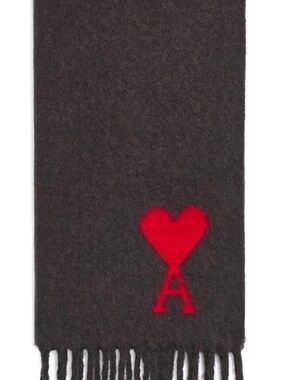AMI Paris Oversized Ami de Coeur Scarf Charcoal Grey Red Logo Alpaca Blend 235cm
